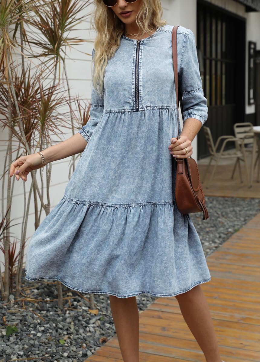 Women's Washed Crewneck Half-Zip Closure 3/4 Sleeve Soft Babydoll Denim Midi Dress - Image 2