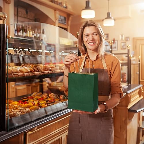 Miniatura 7 de MOZRRO Bolsas de regalo, 100 unidades de 10.5 x 8.5 x 4.5 pulgadas, bolsas de papel con asas, tamaño mediano, bolsa de regalo verde bosque para