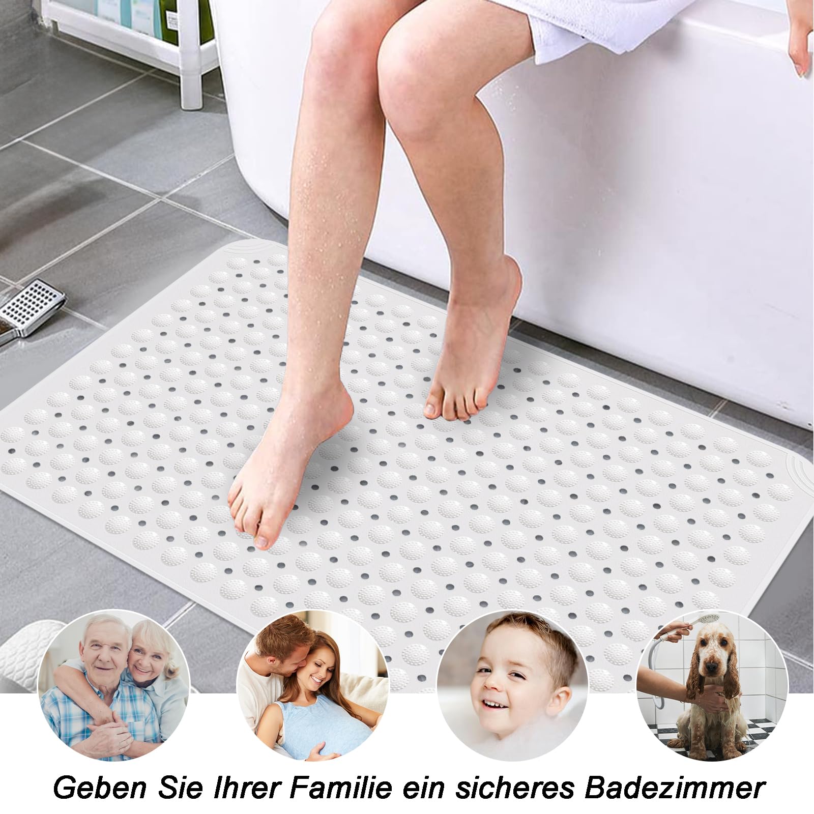 Tappetino Doccia, 60 x 90 cm Tappeto Doccia Quadrato Lavabile in Lavatrice con Ventosa, Tappeto Doccia in PVC Antiscivolo, Tappeto Massaggiante Antiscivolo, incl. 2 Ganci, Bianco