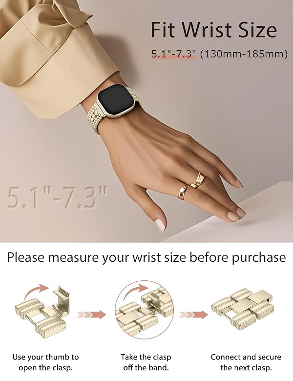 Minyee Metal Bands Compatible with Fitbit Versa 4/Sense 2/Versa 3/Sense Bands Women, Pretty Stainless Steel Elegant Vintage Adjustable Studded Link Bracelet Wristband Replacement Strap for Versa 4 by Minyee - Used condition - Image 5