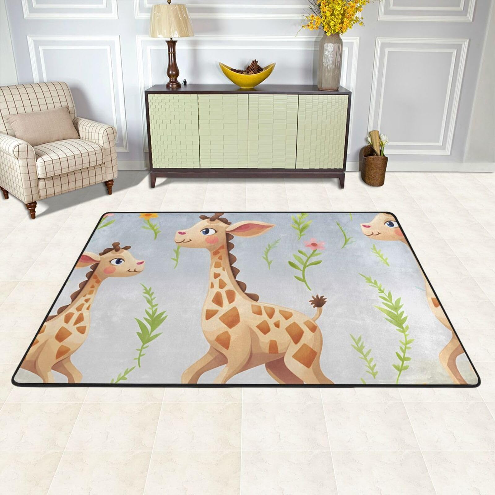 Tapis de sol absorbant girafe mignonne 91x61 cm lavable et antidérapant