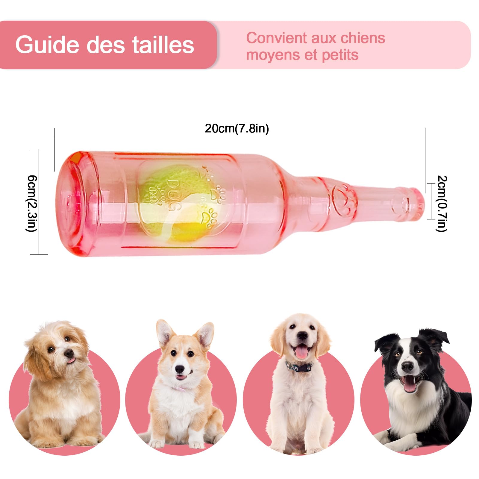 Jouet pour Chien en Bouteille de Caoutchouc, Jouets Interactif à Qui Couinement pour Chiot, Résistant à la Morsure Jouet pour Les dent pour Jeux Petits et Moyens Chiens (Rose)