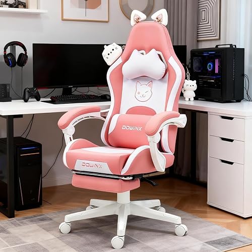 Dowinx Gaming Chair Cute with Cat Ears and Massage Lumbar Support, Ergonomic Computer Chair for Girl with Footrest and Headrest, Comfortable Reclining Game Chair 290lbs for Adult, Teen, Pink Cat - Pinkcat - Cat Plush Doll