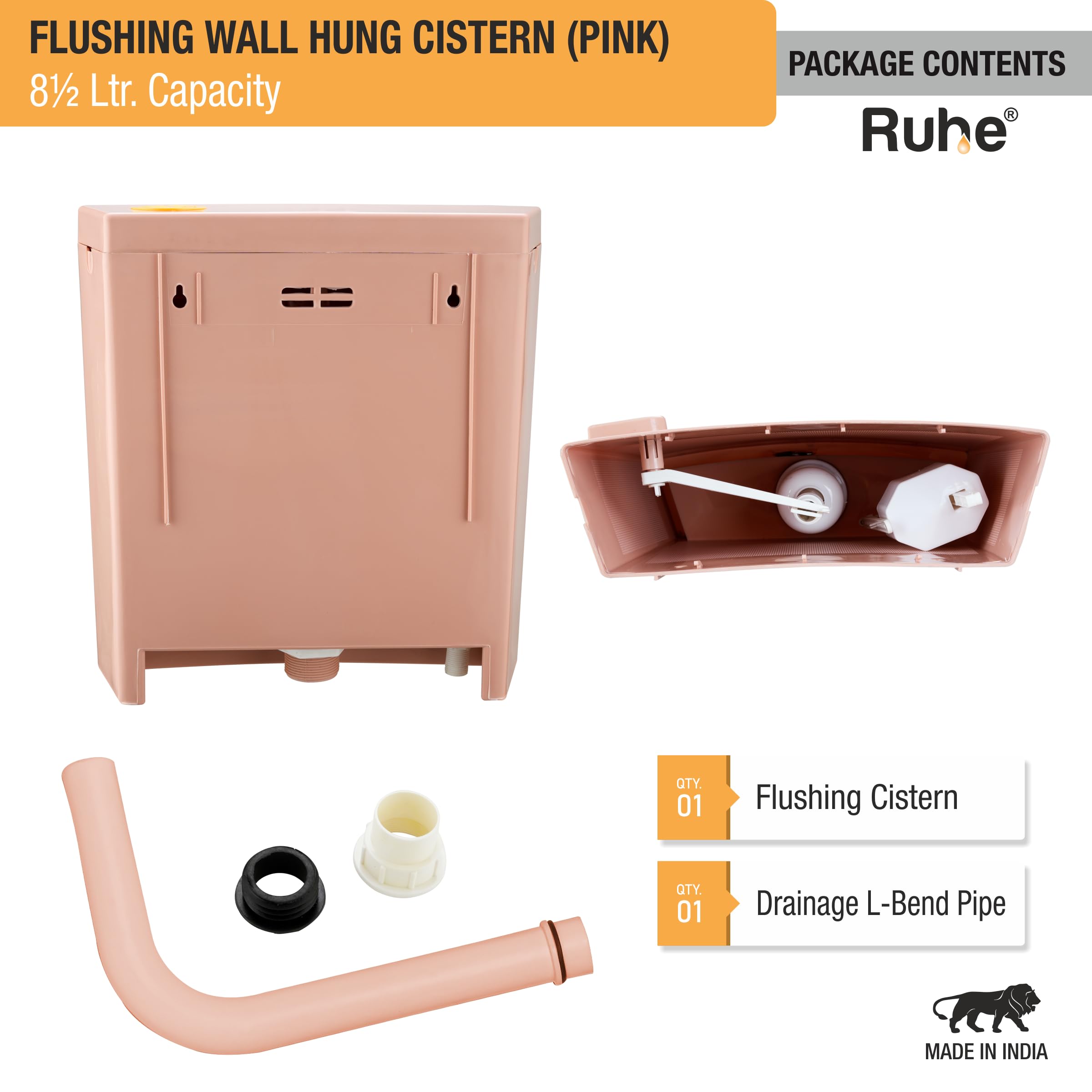 Ruheยฎ Flushing Wall Hung Cistern 8.5 Ltr Capacity | Pink Toilet Flush Tanks | PVC Flushing Cistern Water Flush Tank 3