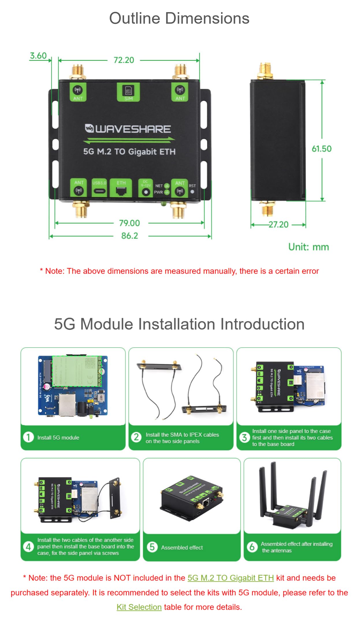 5G M.2 To Gigabit Ethernet Converter 5G M.2 To USB3.1 Aluminum Alloy Case Wall-Mount Support Quad Antennas Onboard M.2 Key B Interface USB3.1 Port Without 5G Module