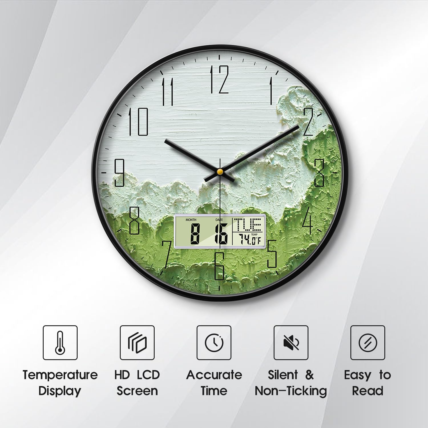 SCOAGE Modern Wall Clock with Temperature Green Forest Large Display Non-Ticking Battery Operated Clock with Date and Week for Kitchen Bedroom Living Room Farmhouse Decor 12 Inch