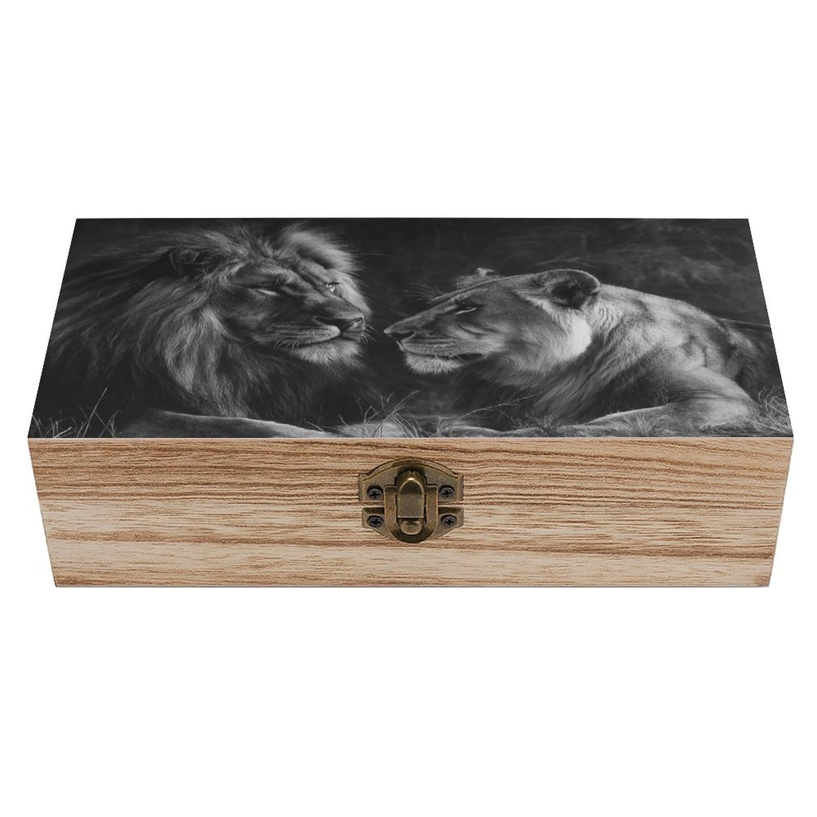asbwuo Lion And Lioness Wooden Storage Box with Hinged Lid