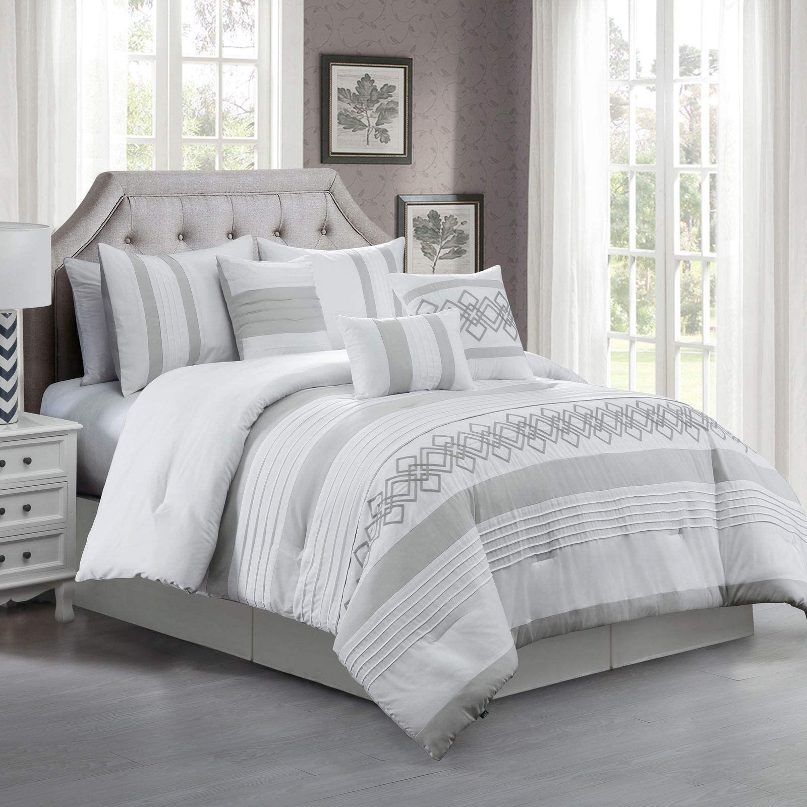 Chezmoi Collection Ariel 7-Piece Gray Geometric Chenille Embroidery Pleated Striped Comforter Bedding Set, Queen SizeOEKO-TEX STANDARD 100