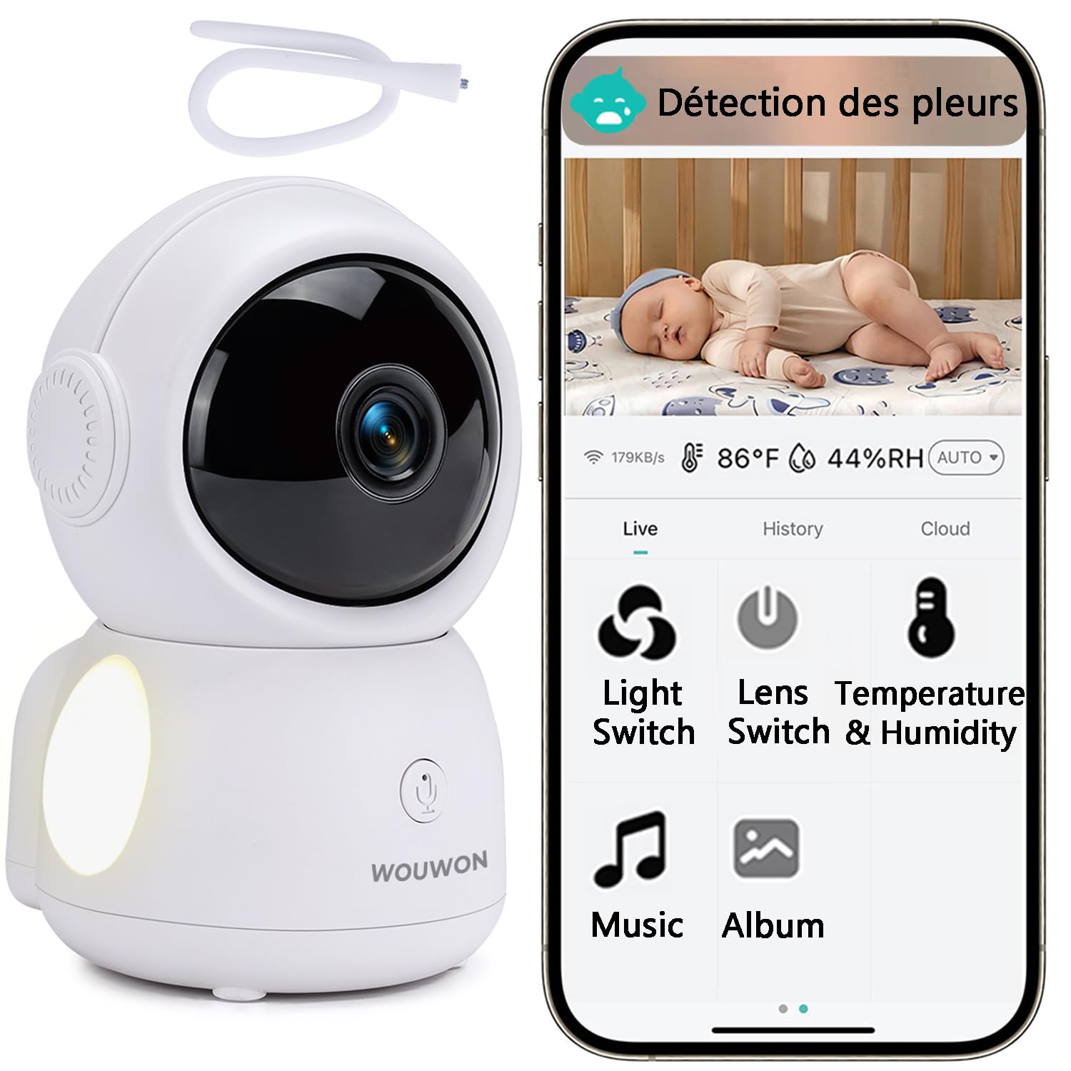 Cámara de bebé con soporte, detección de llanto, 2 K real cámara de bebé, monitor de bebé, conexión WiFi y control de aplicaciones, temperatura y humedad, cunas, luz RGB