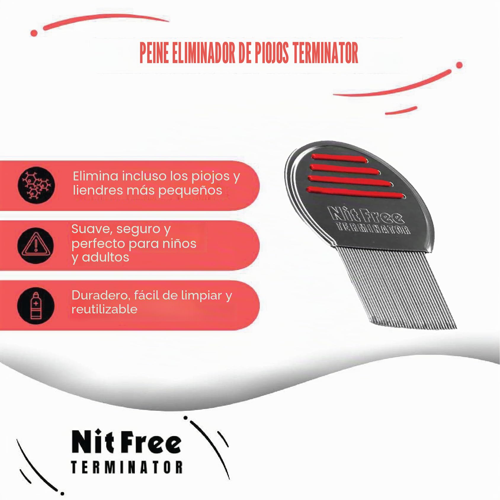 Nit Free Terminator Peine profesional de acero inoxidable para un tratamiento eficaz de piojos (los colores pueden variar) (paquete de 3)