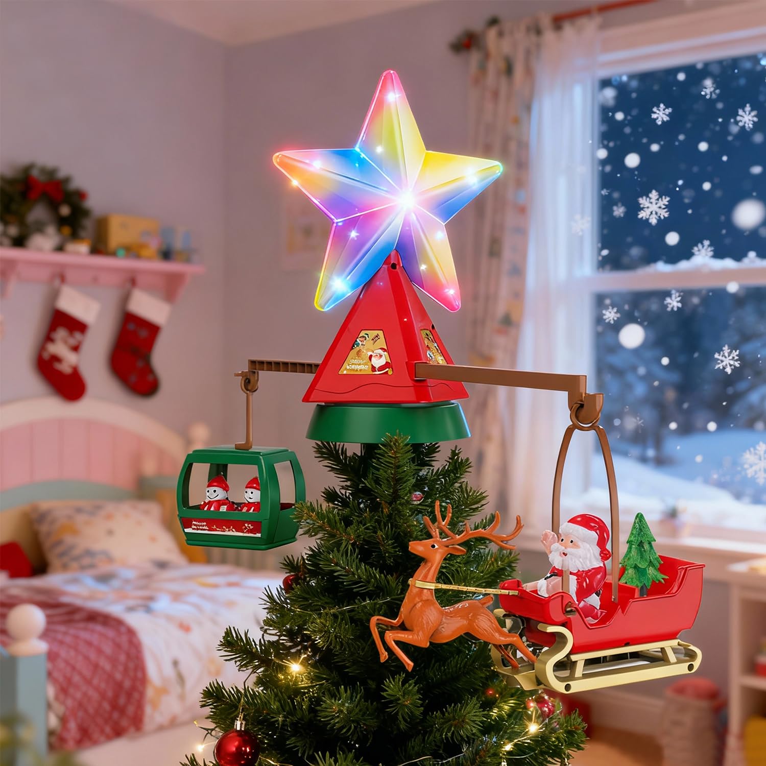Decoración para árbol de Navidad iluminada, ciervo y trineo, luz giratoria y decoración superior del árbol de música, estrella iluminada para decoración de fiestas de Navidad