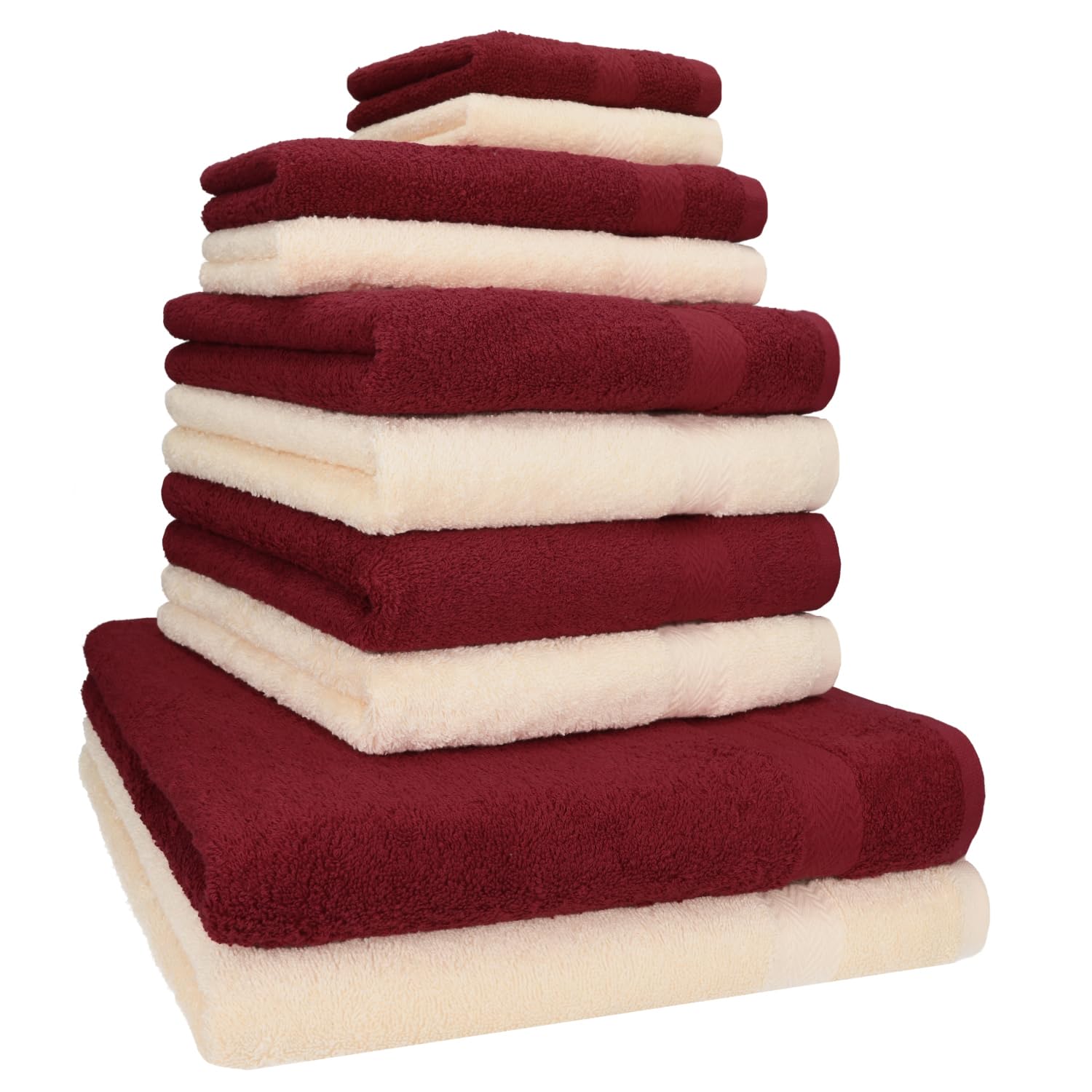 Betz Juego de 10 Toallas Classic 100% algodón 2 Toallas de baño 4 Toallas de Lavabo 2 Toallas de tocador 2 Toallas faciales Rojo Oscuro y Beige