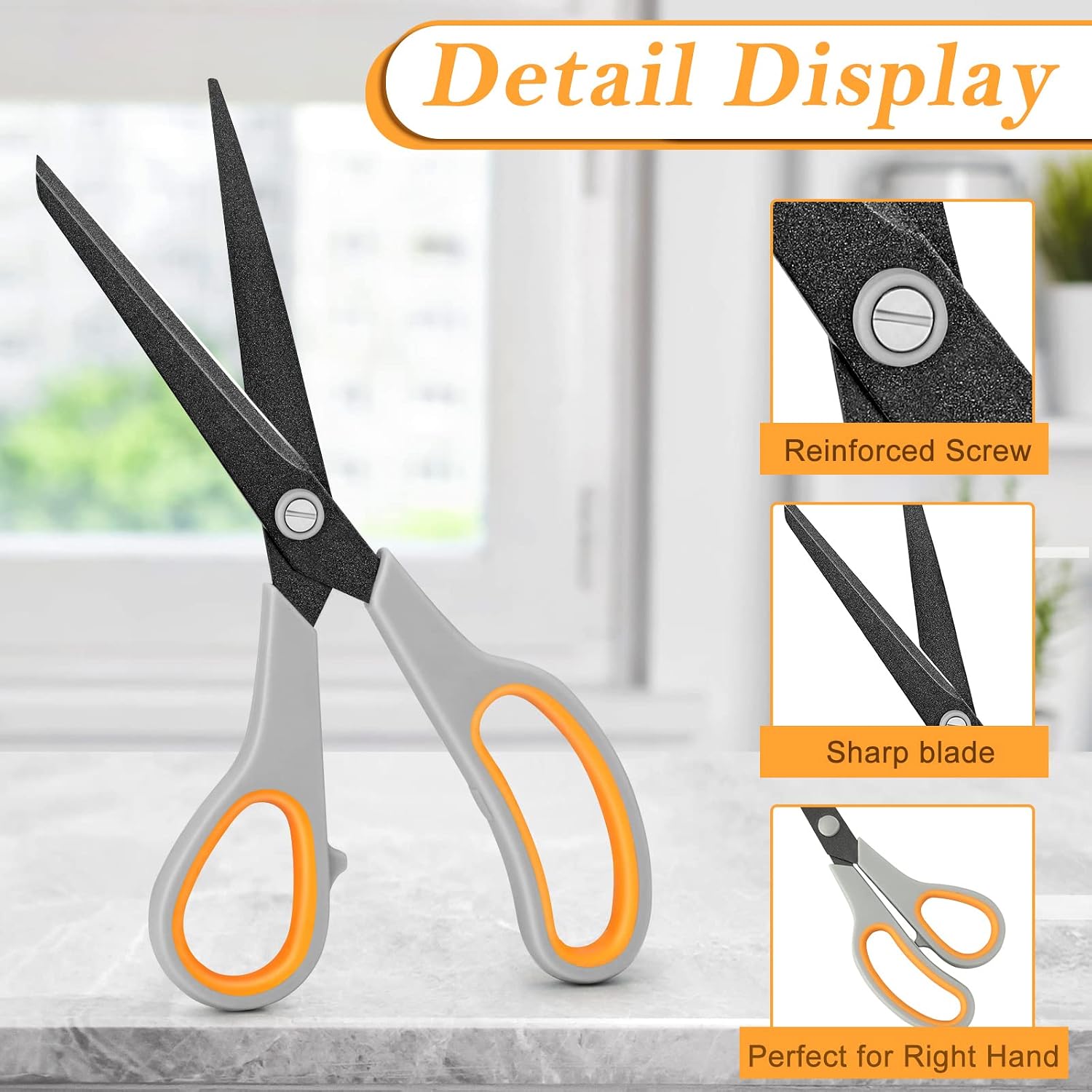Titanium Non-Stick Scissors, Forvencer 8" All-Purpose Scissors, Stainless Steel Scissors with Comfort Grip, Heavy Duty Scissors， Craft Scissors for Office School Kitchen Home (Grey&Orange)