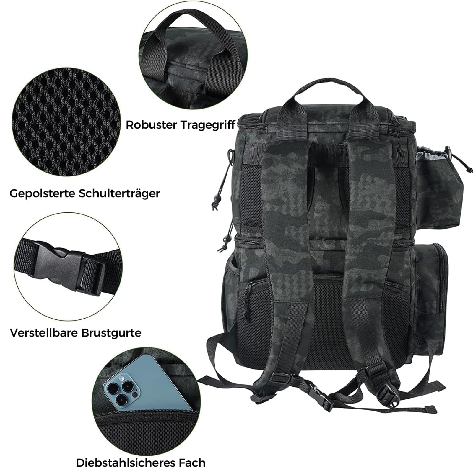 MATEIN Angelrucksack mit Rutenhalter, Wasserdichter Angel Rucksack Herren mit Isoliertes Kühlfach, Angelrucksack für Angeln Wandern Camping Trekking, Geschenke für Angler Männer, Camouflage