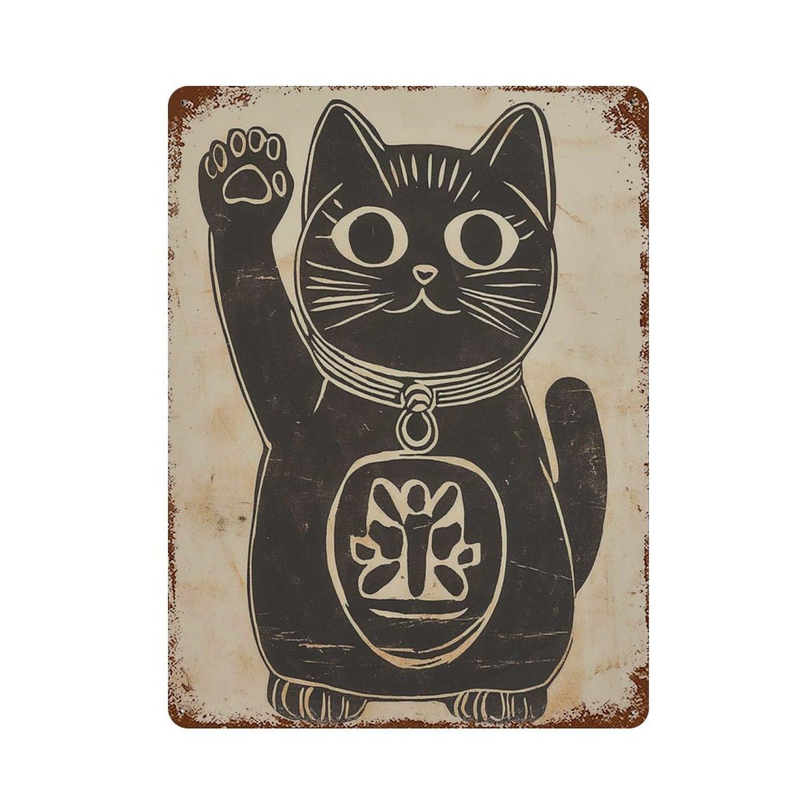 xiaoxiaoshen Japanese Maneki Neko Good Luck Cat Traditional Black Folk Scandinavian Minimalis Wall Decor Art Metal Tin Poster Modern Home Decor Art Home Bar Shop Decorations Vintage Sign 40x30cm