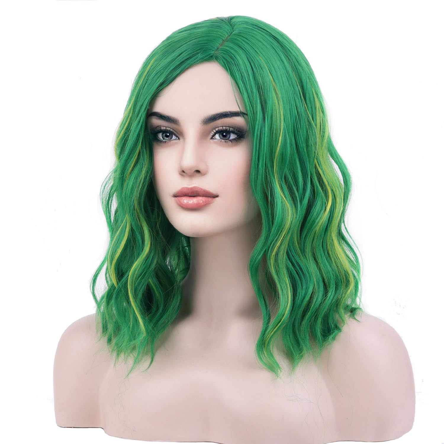 BERON Green Wig Short Wave Bob Wig Green Short Curly Wig Mix Green Wigs for Women Girls Wig Cap Include