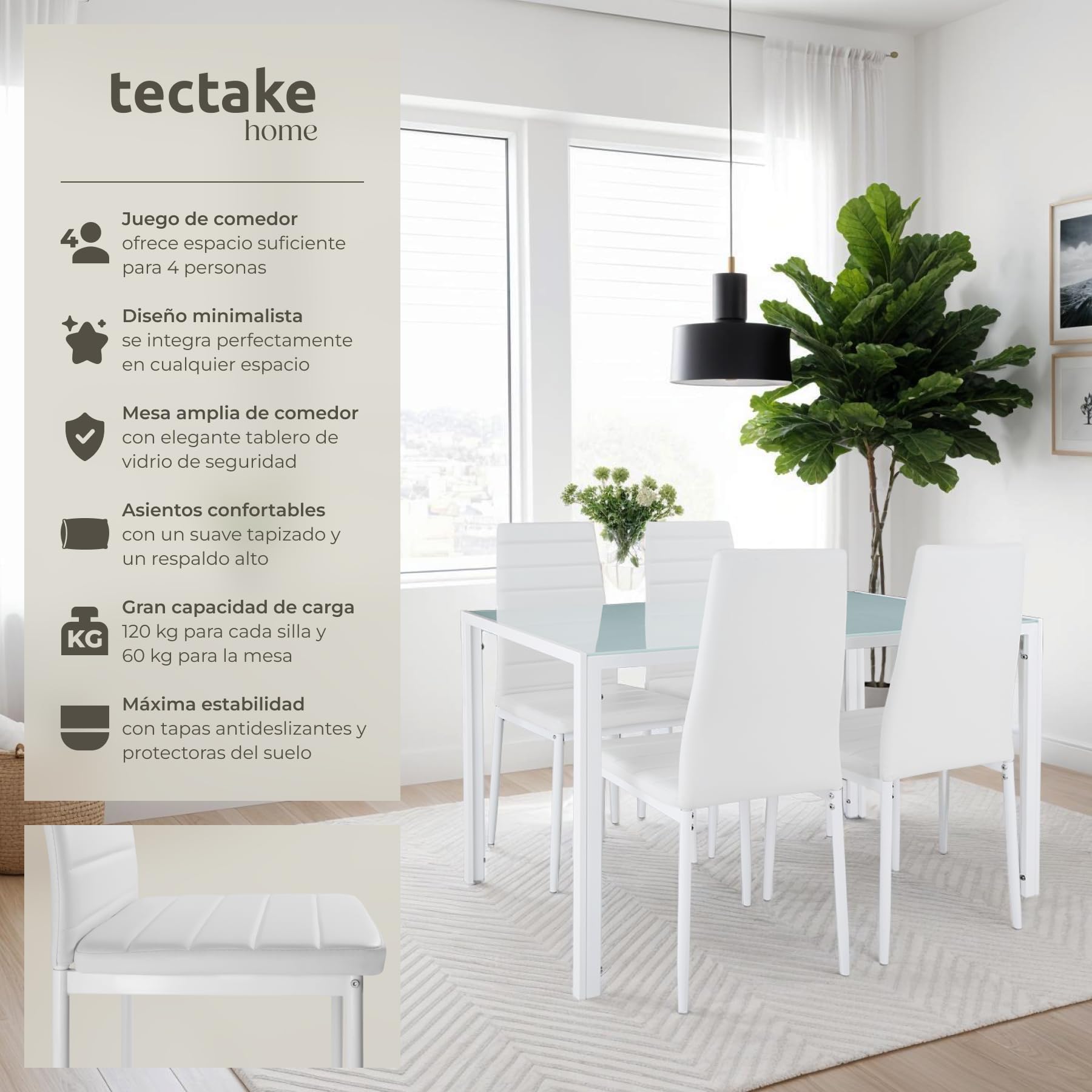 tectake Dining Table and Chairs Set, Safety Glass Table and 4 Upholstered Kitchen Chairs Faux Leather, Steel Frame, Dining Chairs, Kitchen Furniture Set – White — view 2