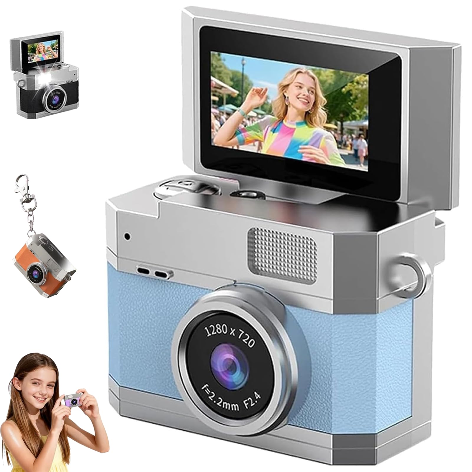 Thumb-Sized Flip Screen Mini Camera,Digital Retro CCD High-Definition Portable Small Camera,180° Flip Screen Video Mode,Beauty Filters with Tf Card Card Reader OTG for Beginners (Blue, 64GB Card)