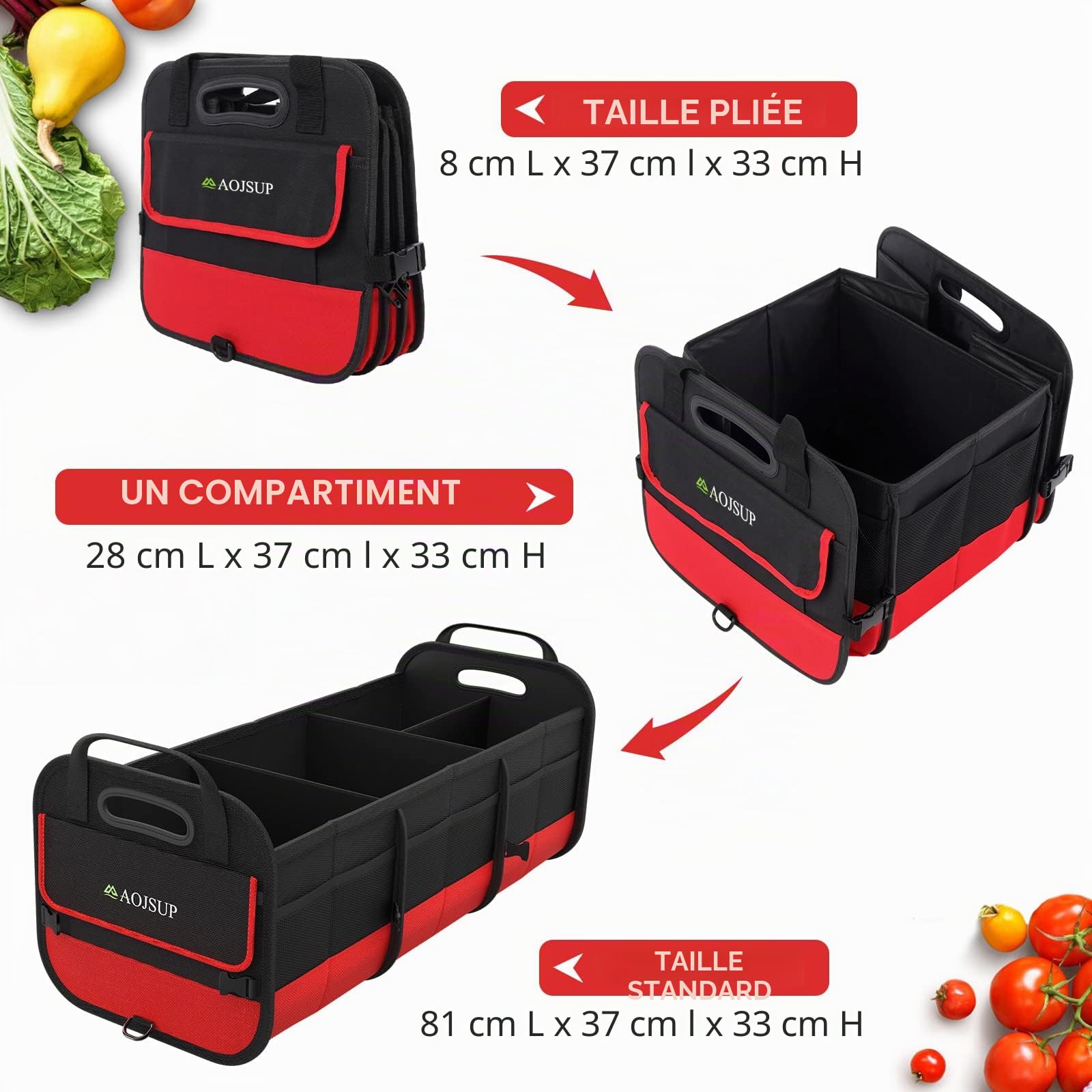 XXL Rangement Coffre, Multi-compartiments Organisateur De Coffre, Tissu Oxford 1680D, Pliable, Rouge