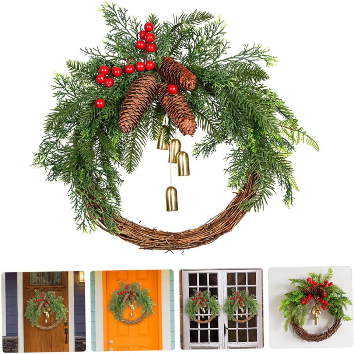 Decorative Christmas Wreath Bells and Berries Artificial Holiday Garland for Door Window Porch and Home Decor for Festive Celebrations and Decorations