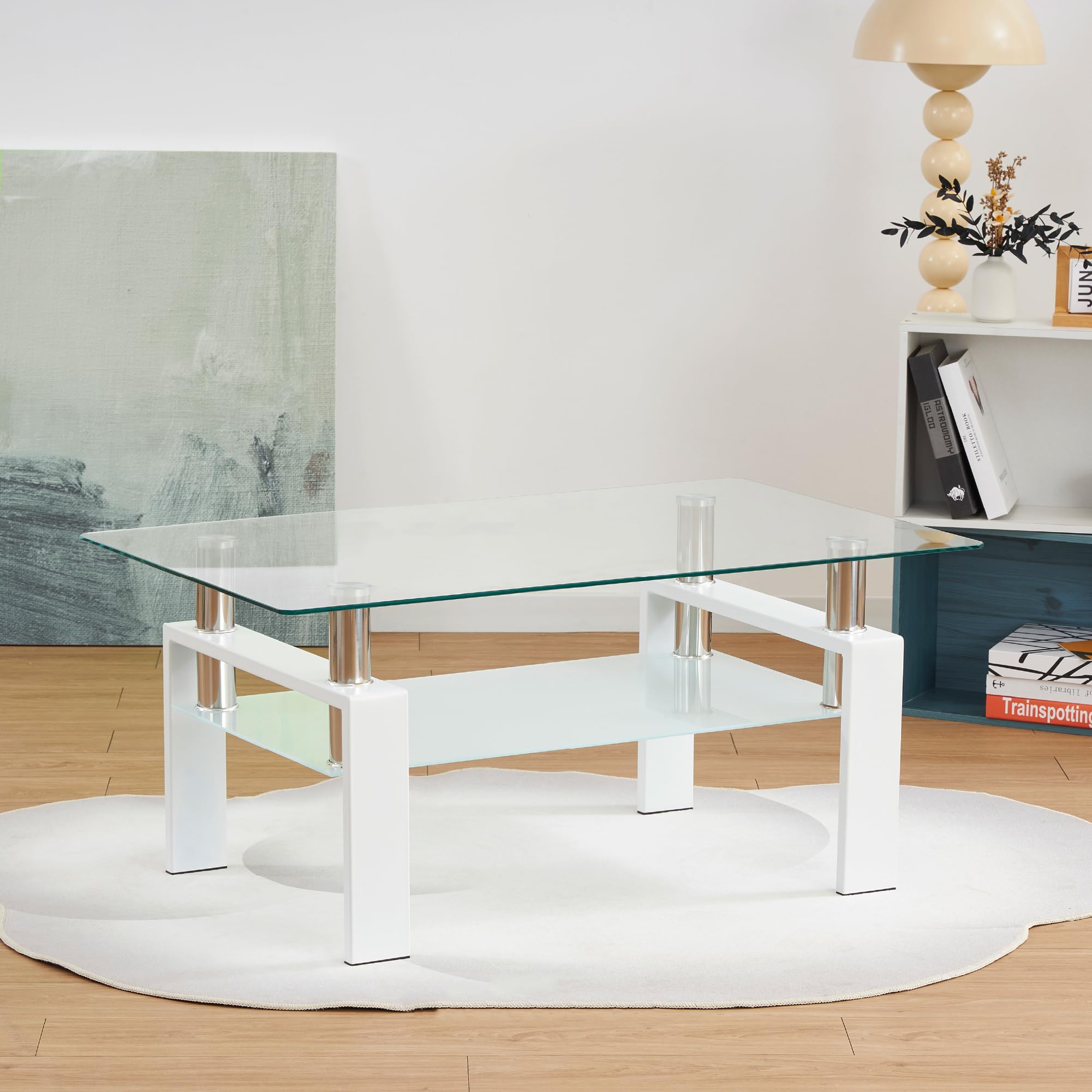 Mesa de Centro 100 x 60 x 44 cm Porter, Mesa de Cafe Rectangular con Vidrio Templado Transparente 6 mm y Estructura Blanca, diseño Elegante, para salón y Zona Lounge