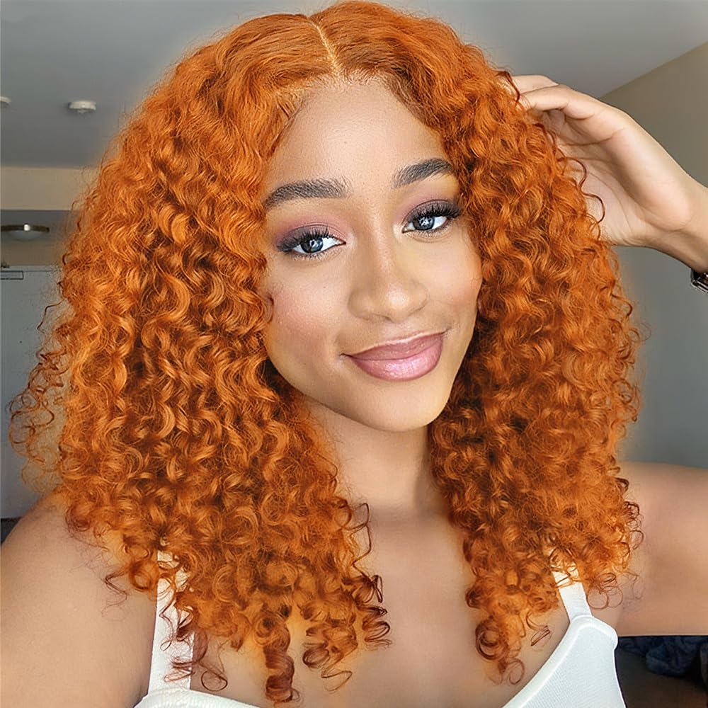 Punmasa 18 Inch Ginger Curly Bob Wig Human Hair 13x6 Frontal Lace Wig 200% Density Lace Front Wigs Human Hair Pre Plucked Bob Wigs for Black Women