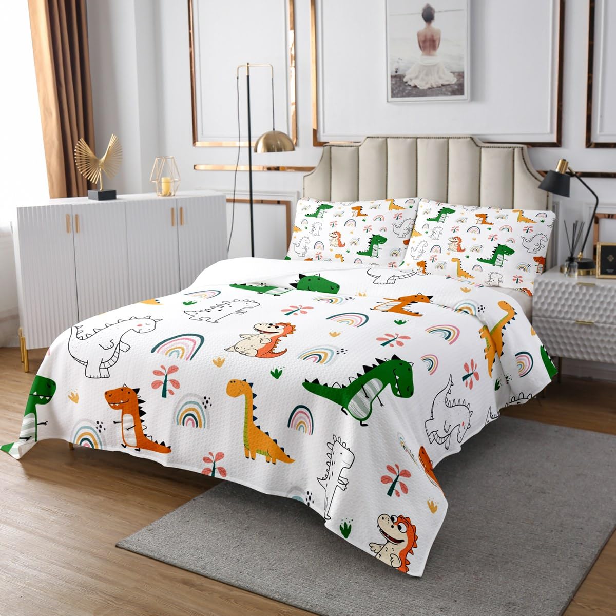 Homemissing Juego de colcha acolchada de dinosaurio para niños y niñas, diseño de arcoíris, impresión digital 3D, tamaño individual, decoración de dormitorio, dinosaurio, naranja, verde