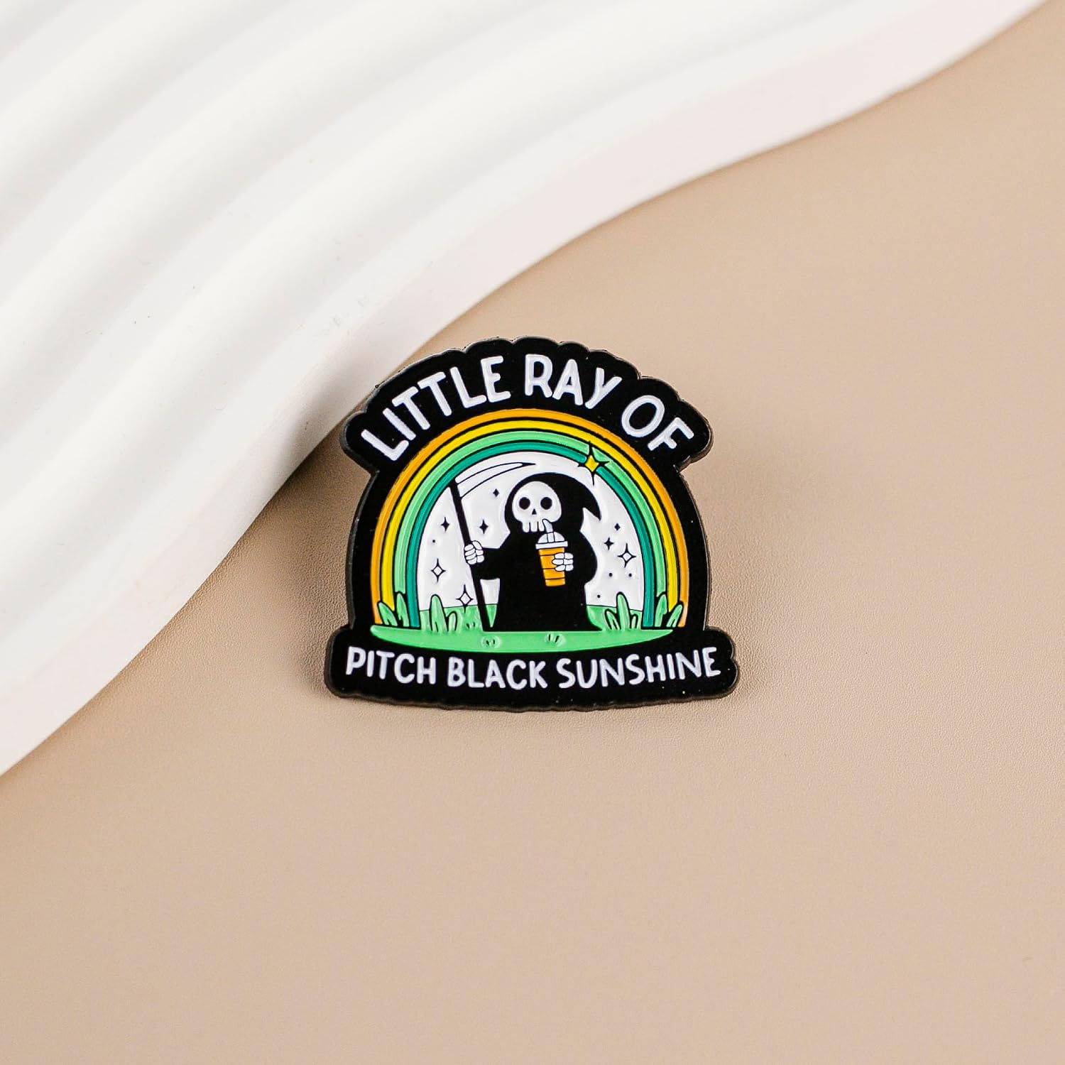 Little Ray Of Pitch Black Sunshine Funny Skeleton Enamel Pin, Creepy But Cute Grim Reaper Coffee Pin Brooch, Cute Dark Humor Badge Brooch, Funny Gothic Humor Lapel Badge, Hilarious Gift For Goth Friends Sarcastic Coworker Introvert, Gothic Sarcastic Positivity Accessories image 3