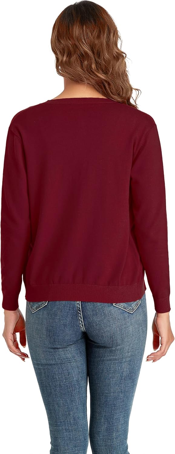 CUNYI Women's Crew Neck Cardigan Long Sleeve Sweater for Women Button Down Soft Knit Ladies Cardigan Sweates Coat, Wine Red S - Image 4