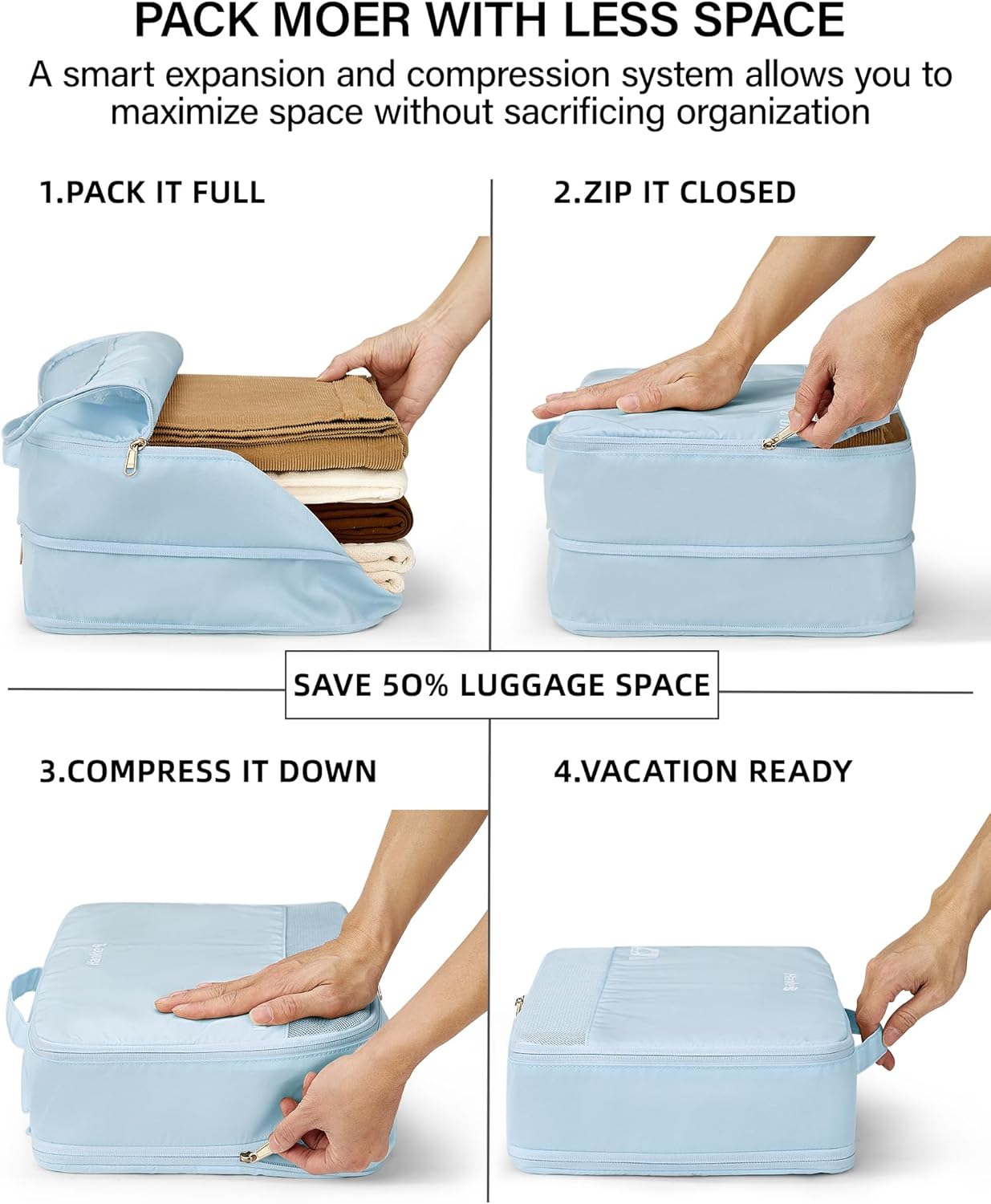Hanke 7 Piece Expandable Compression Packing Cubes, Premium Travel Packing Organizers for Suitcases/Carry On, Luggage Organizer Bags with Breathable Mesh & Label,Light Blue