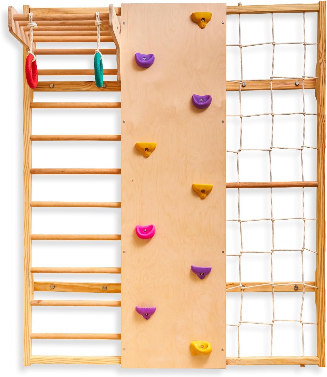 Curious Cub Wall Mounted Jungle Gym Set for Kids | Indoor Climbing Toy for Toddlers with Net Climbing, Ladder, Rock Climbing Wall, Monkey Bar & Gymnastic Rings | Exciting Gym Playset for Kids 2-9 yrs