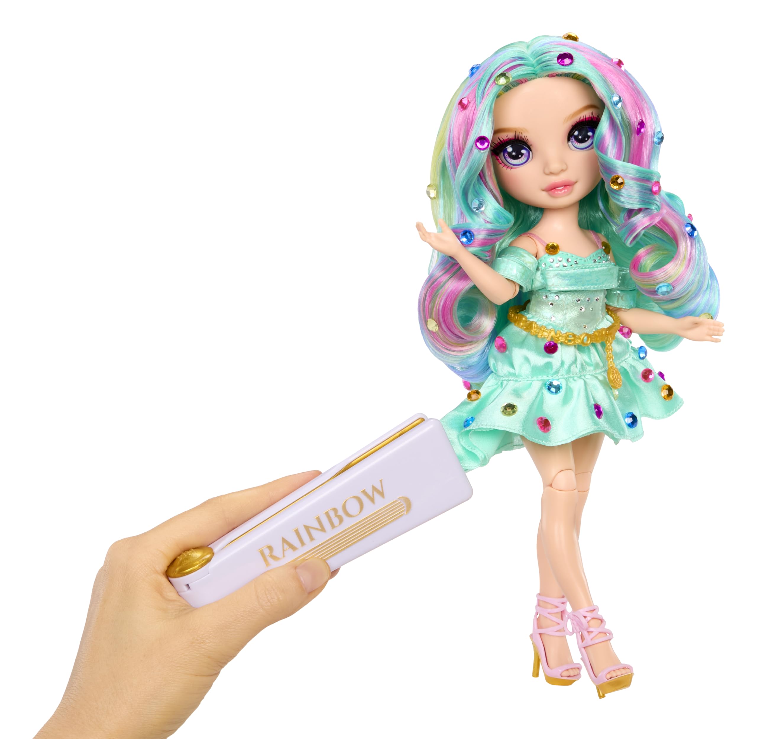 RAINBOW HIGH Be Dazzling - Celine Turquoise - Muñeca de Moda Turquesa de 28 cm con Herramienta para Deslumbrar, Gemas Brillantes y Accesorios de Estilismo