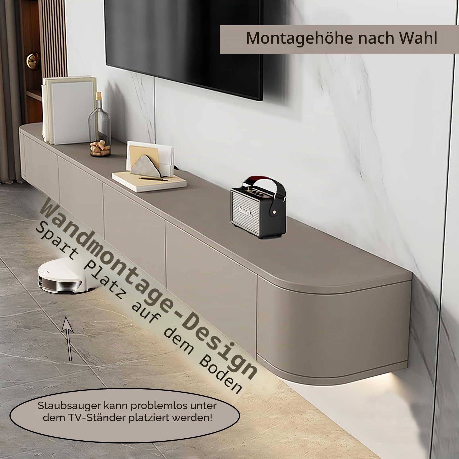 Schwebender TV-Ständer, Wandmontierter TV-Schrank mit Schubladen, 140 cm Lange TV-Medienkonsole, Große TV-Bank mit Stauraum unter dem Fernseher (Khaki, 140cm/55.1")