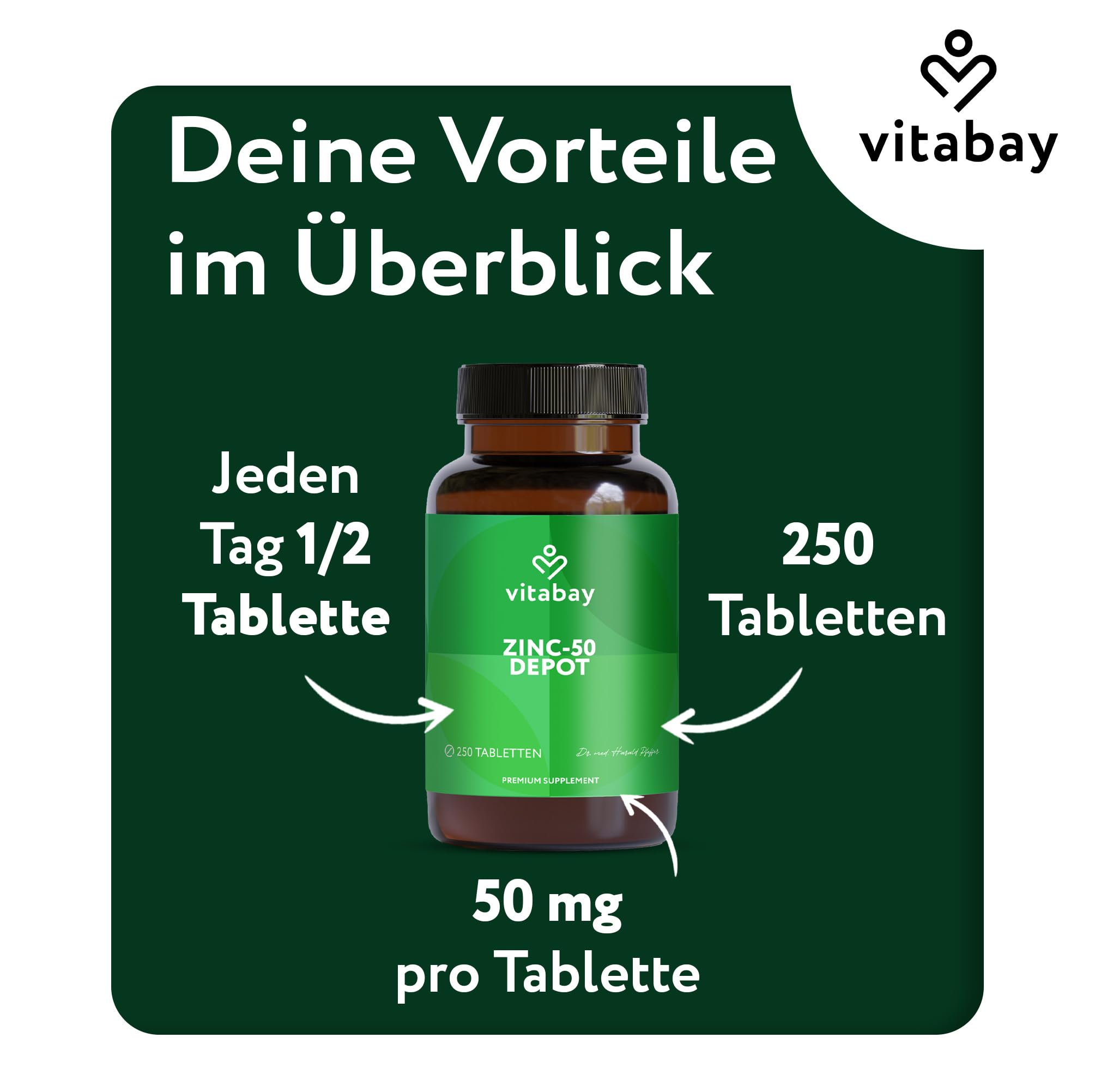 Vitabay Zink 50 mg hochdosiert – 250 teilbare Tabletten – Zinkgluconat für Immunsystem, Haut, Haare & Nägel – vegan & laborgeprüft in Deutschland – Vorrat für 16 Monate