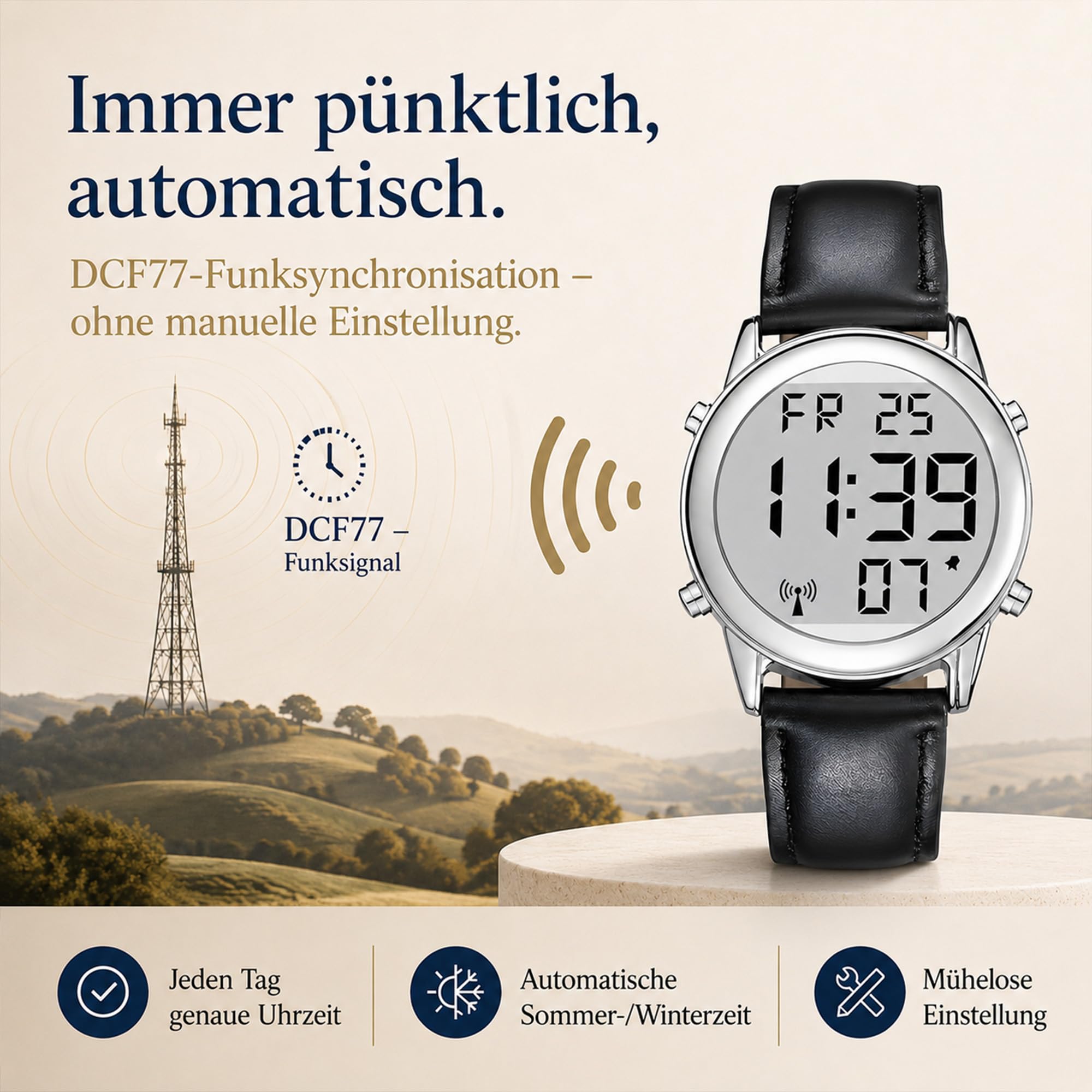 Deutsch Sprechende Herren Armbanduhr I Funkarmbanduhr I LCD Große Zahl Leicht zu Lesen I Datum- und Zeitansage I Für Blinde, Senioren und Demenzkranke