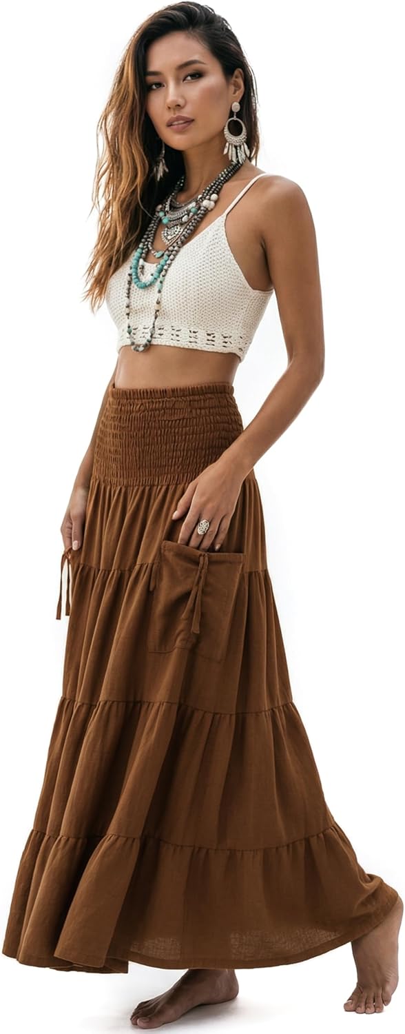 Thaluta Maxi Boho Skirt Long Pockets Cotton Hippie Bohemian Elastic Waist Gypsy Skirt