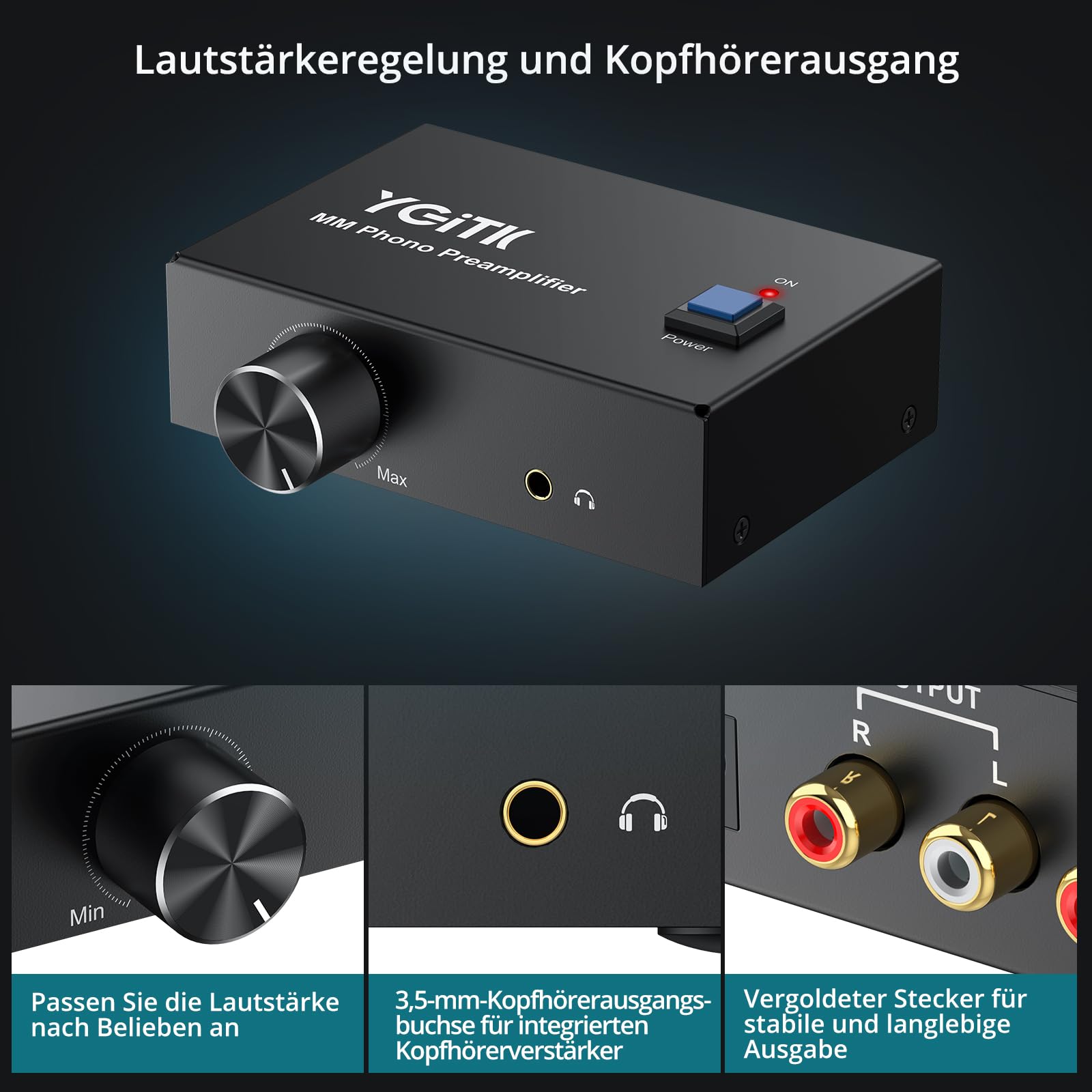 Phono Vorverstärker M/M mit Lautstärkeregler und Netzschalter, Vorverstärker für Plattenspieler RCA Input & Output, Phono Preamp Plattenspieler-Vorverstärker mit Pegel mit DC 12V Netzteil