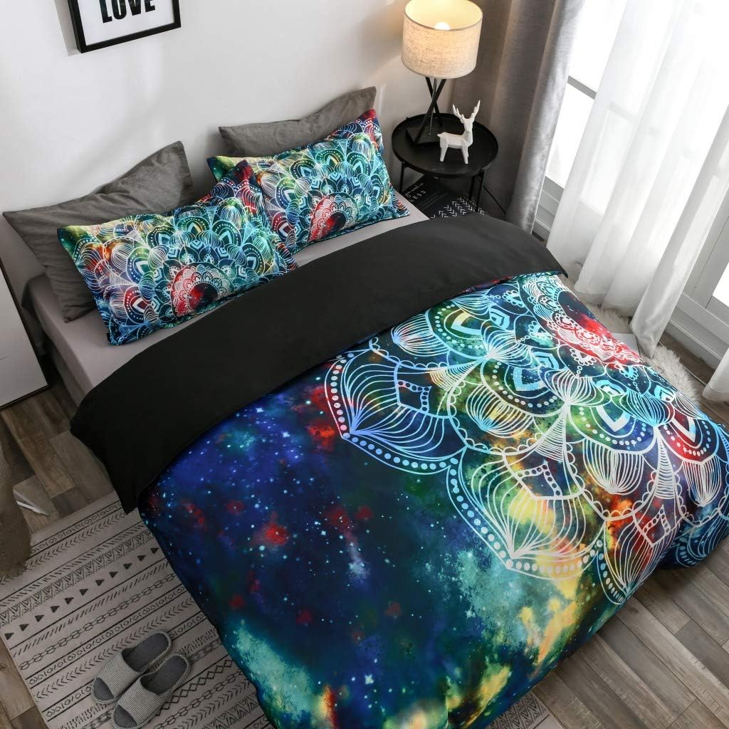 Boho Chic Bedding Rustic Floral Mandala Galaxy Duvet Cover Set Twin Size, Bohemian Native Outer Space Decorative Blue 2 Piece Bedding Set with 1 Pillow Sham(Twin, Style1) Style1 Twin