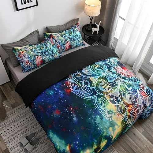 Miniatura 2 de Abojoy - Juego de funda de edredón de galaxia, diseño floral rústico con mandala, tamaño Queen, espacio exterior bohemio, color azul, Microfibra,