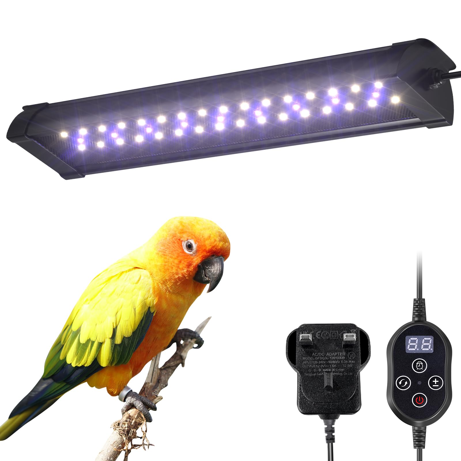 BrightWish UVB 2.4 Bird Lamp,Full Spectrum Light for Birds,Dimmable LED Bird Light Fixture with Chew-Proof Cord, UK Plug and Controller, Bird Cage Accessories for Captive Birds Parrots