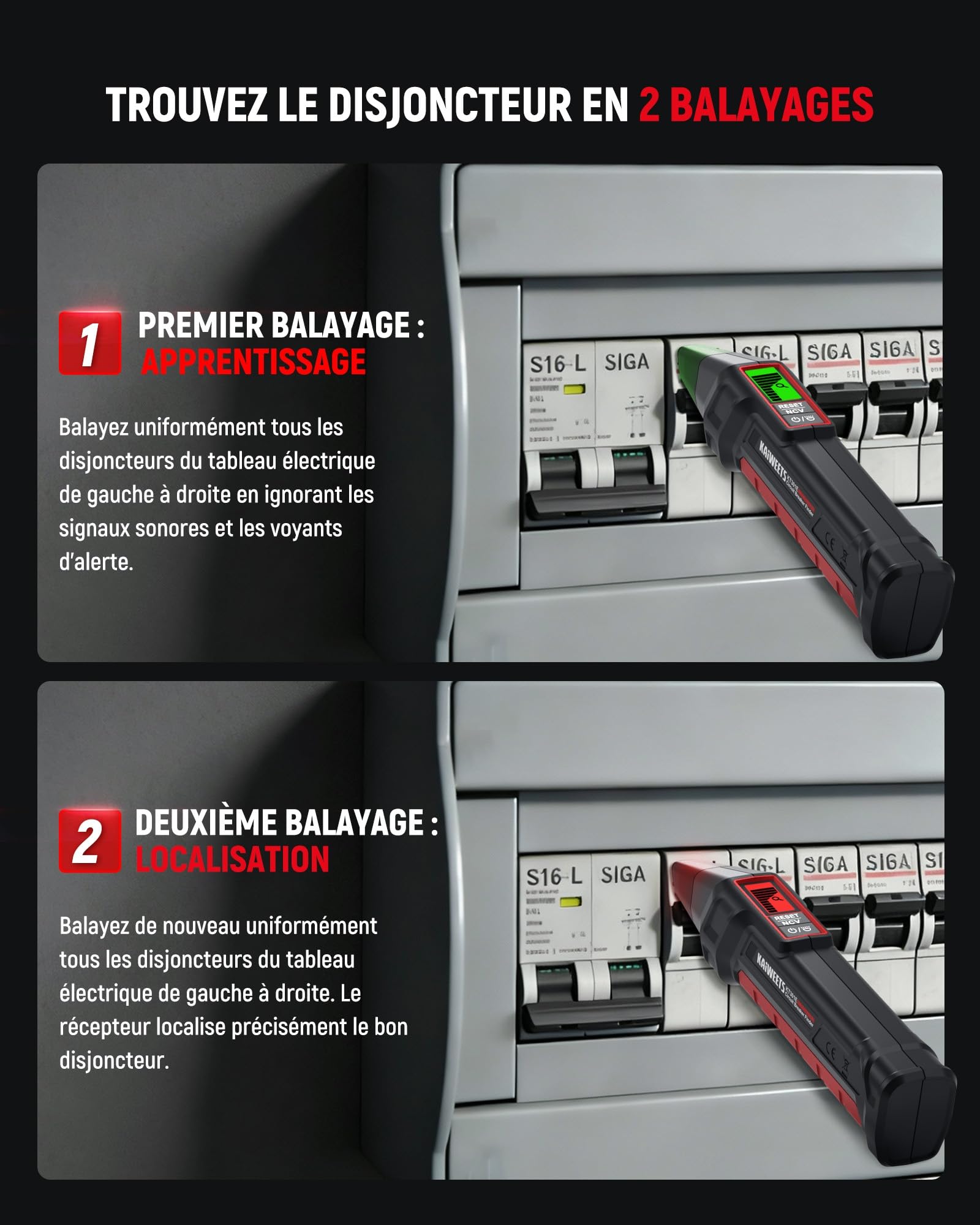 KAIWEETS Détecteur de Disjoncteur avec Écran LCD, Testeur de Prise avec Test RCD et Contrôle du Câblage, Détecteur de Circuit Électrique NCV avec Lampe LED, pour Maison et Électriciens