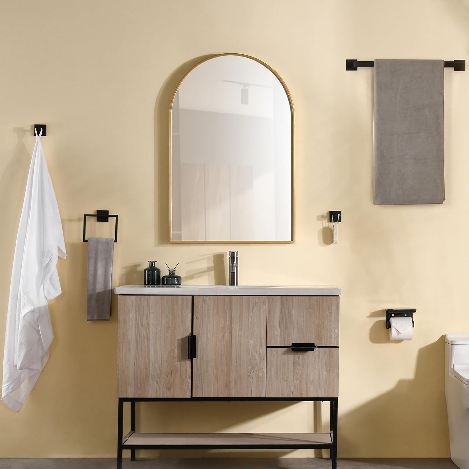 Towel Racks for Bathroom Black,5-Piece 16" Towel Bar Bathroom Hardware Accessories Wall Mounted Include Hand Towel Rod,Toilet Paper Holder with Shelf,Towel Holder,Robe Hook Matte