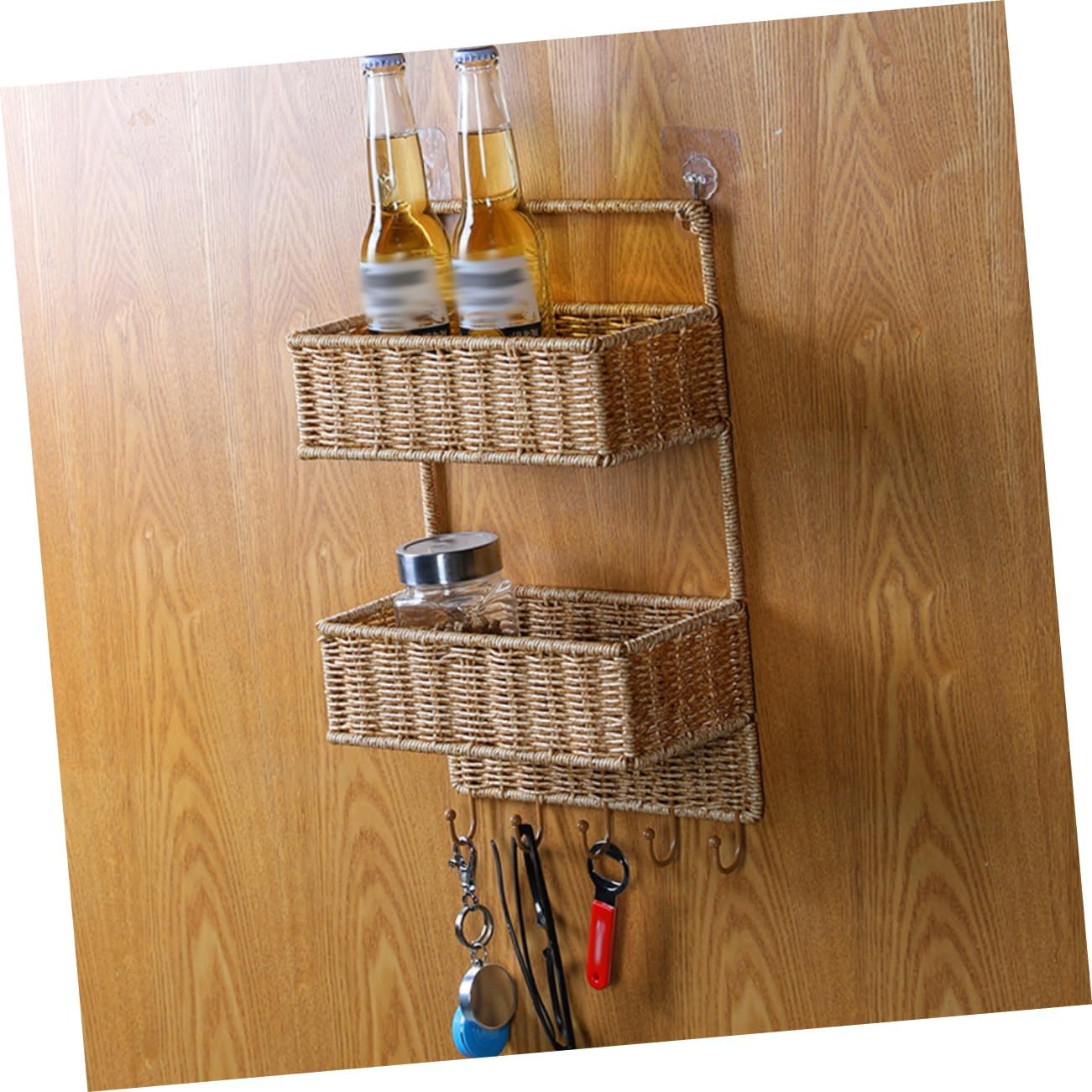 NOLITOY Woven Rattan Fruit Basket Multi-layer Wall Mount Shelf Drill Kitchen Bathroom Storage Hooks 2 Tier for Kitchen