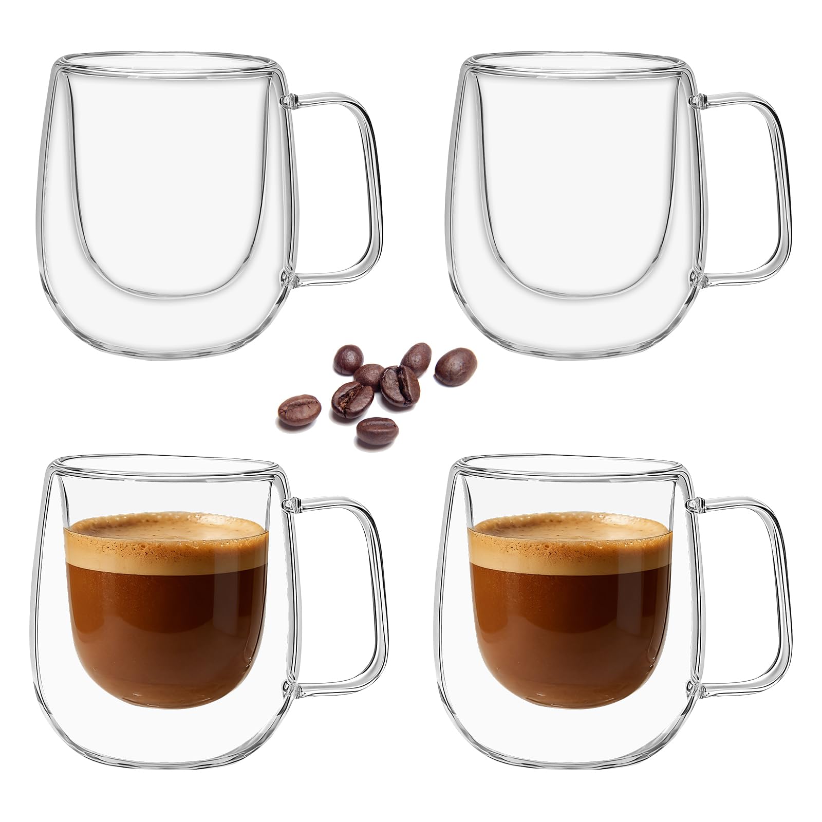 LIUCONGBD 4 Pack Double Walled Glass Coffee Mugs, 350ML Latte Cappuccino Insulated Coffee Cup with Handle, Borosilicate Heat Resistant Iced Glass Cups for Tea Milk Juice Ice Cream