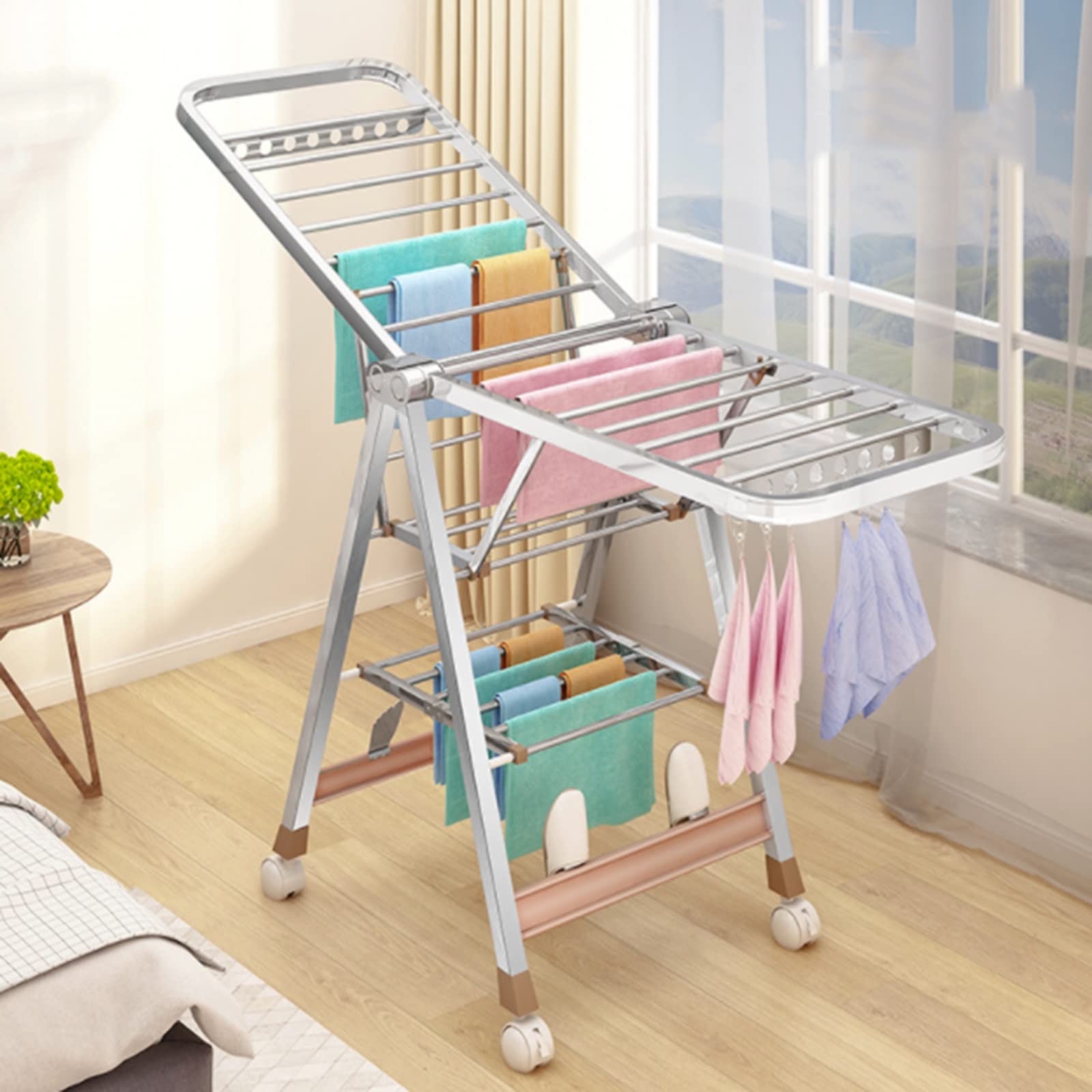 GFJryET Folding clothes horse, Wing-Shaped Clothes Drying Pole,150-160-170-182Cm Simple Rack,With Four Universal Wheels(Wing length is 180cm)
