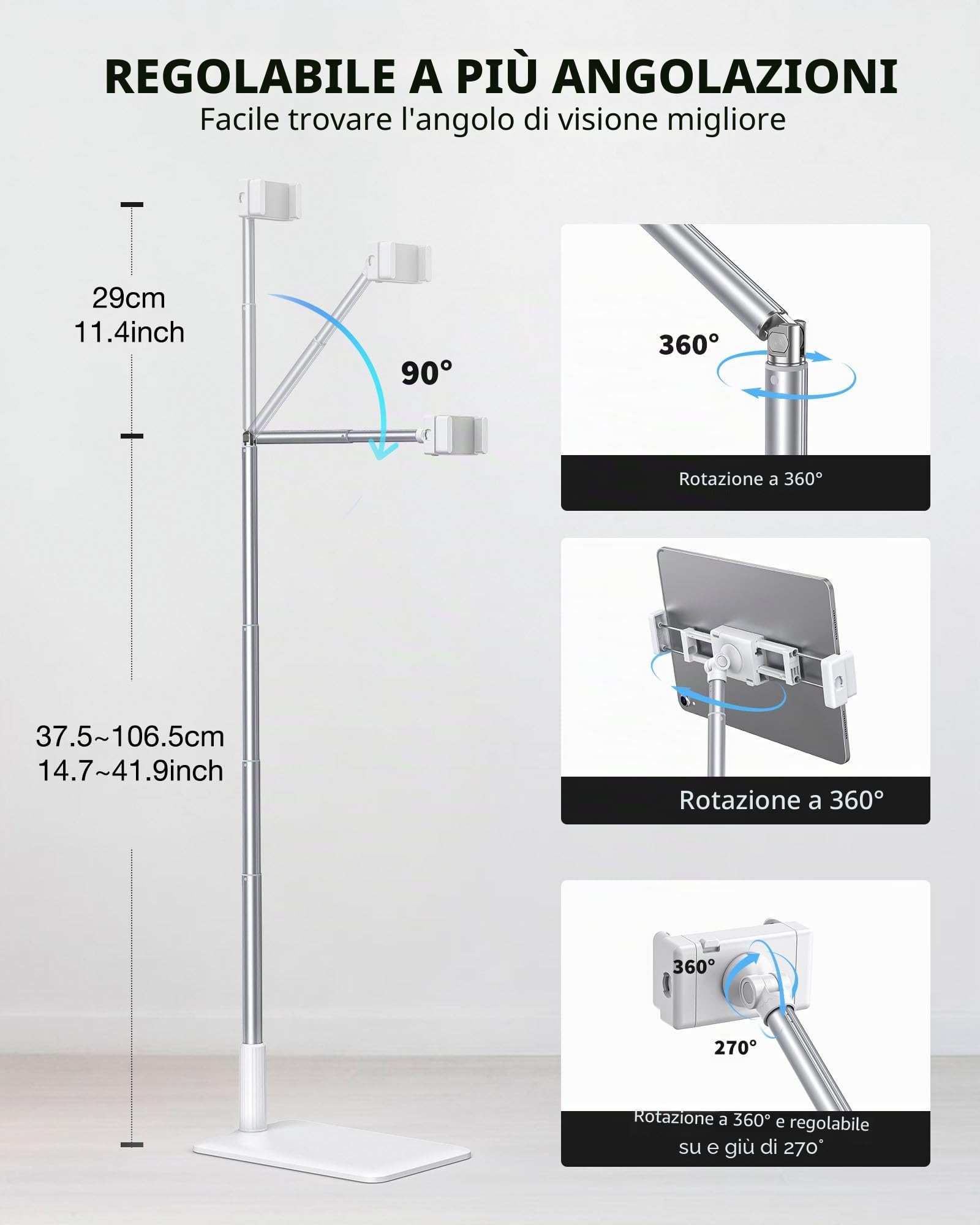 CAMOLO Supporto da pavimento per tablet regolabile in altezza, supporto per telefono allungabile a 360 supporti per telefono girevole per iPad, palestra, letto, Kindle, lettore eBook