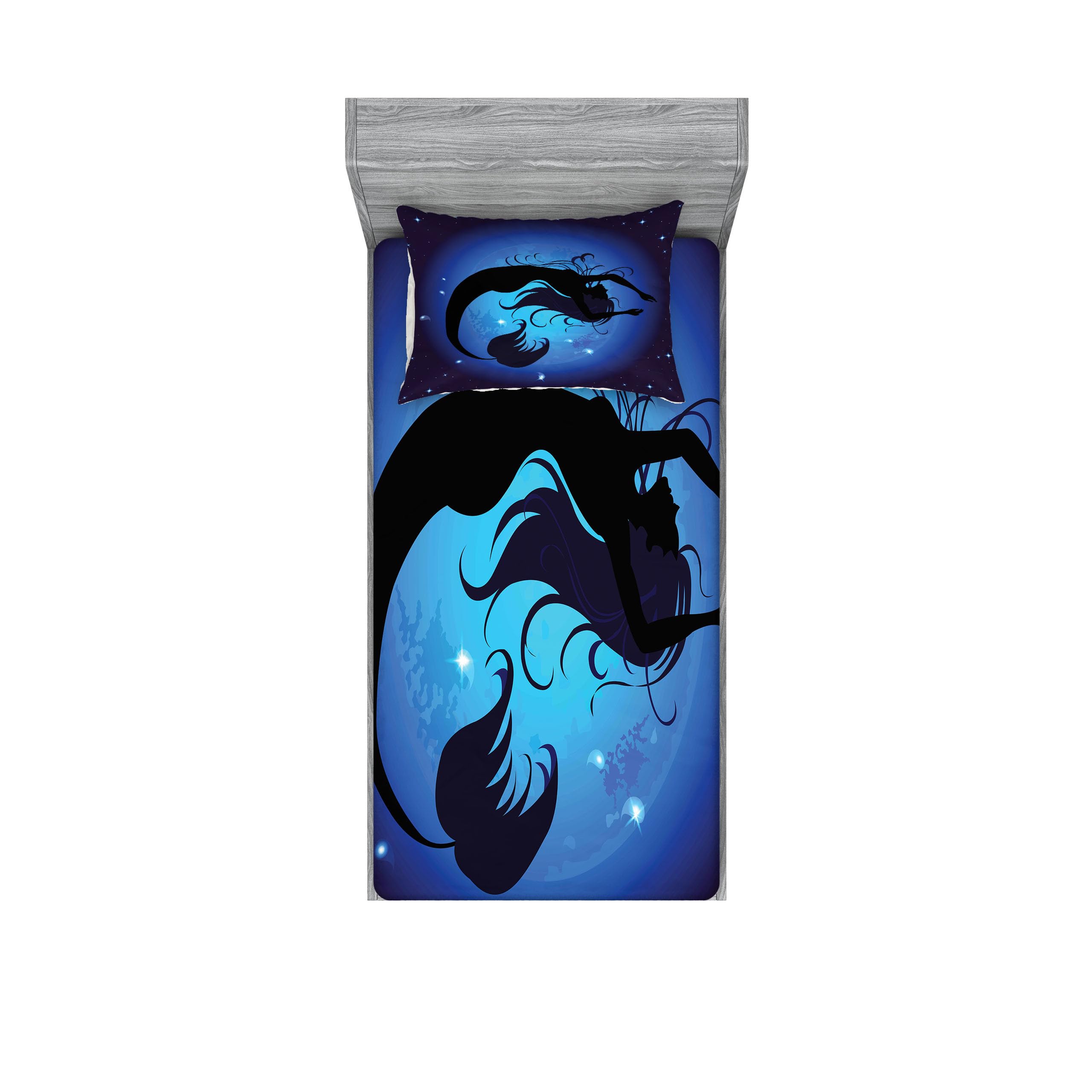 Ambesonne Mermaid Fitted Sheet & Pillow Sham Set, Silhouette of Aquatic Girl on Moon Sky Background Fictional Print, Decorative Printed 2 Piece Bedding Decor Set, Twinxl, Purple Black