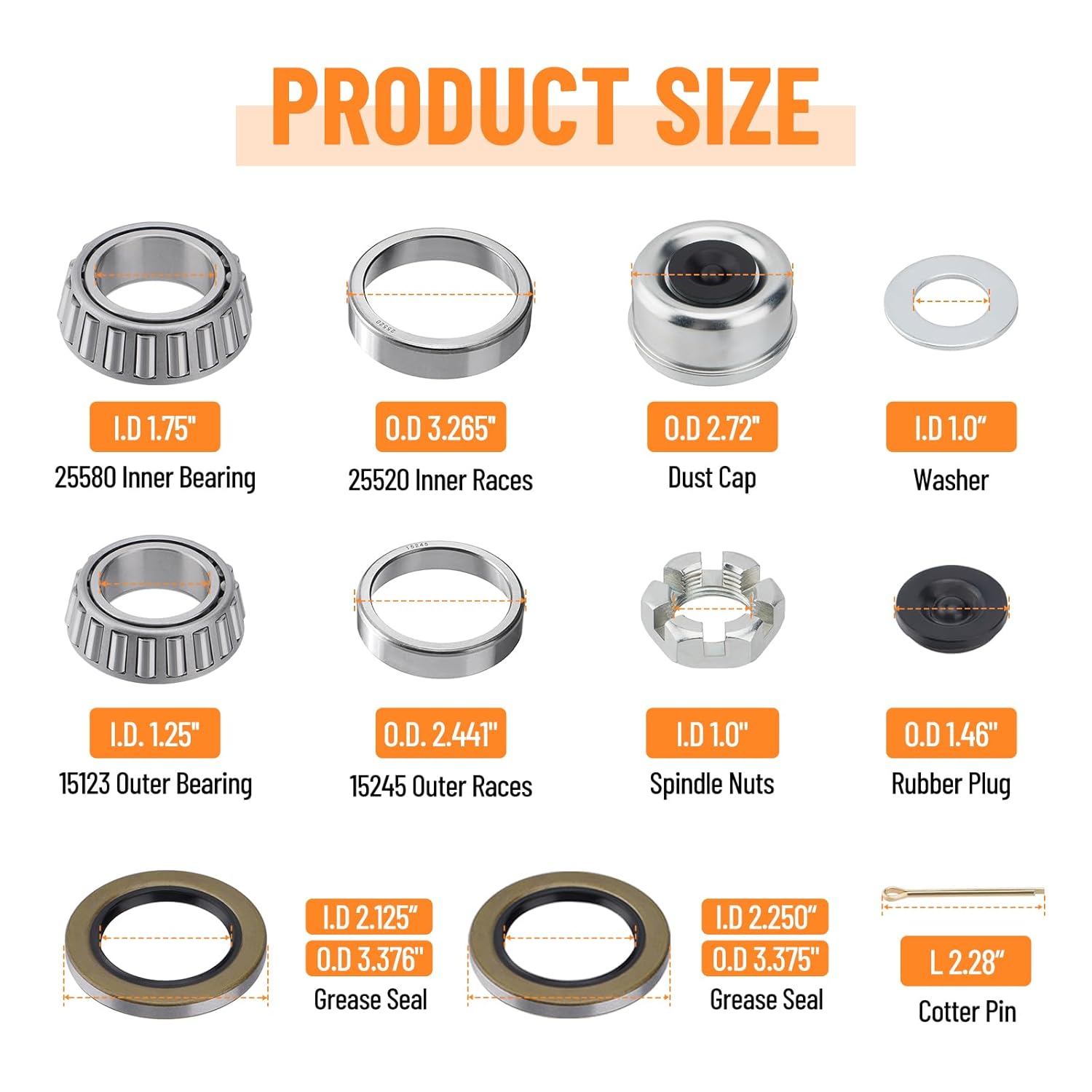 4 Sets 25580 15123 Boat Trailer Axles Bearing Kits, Grease Seals, Spindle Nuts, 2.72" Dust Caps and Rubber Plugs, Cotter Pins, Washers for 5200-6000 lb.Tandem Axles #D42 Spindle