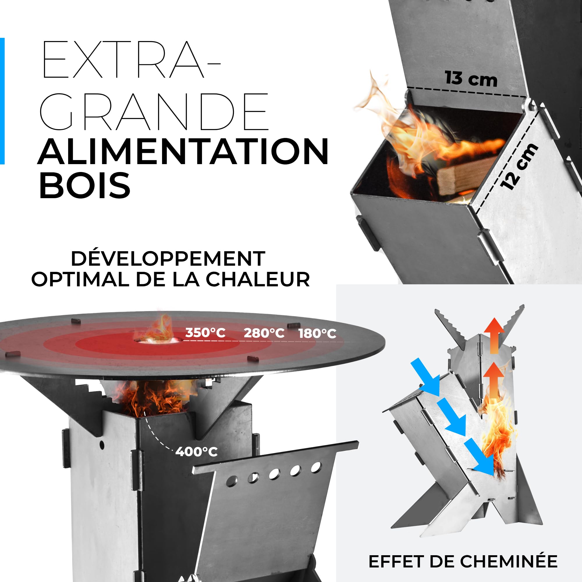 GRAFT Rocket Stove avec plaque de cuisson Système de branchement Rocket Stove en acier massif de 3 mm d'épaisseur | brasero | poêle à granulés | poêle à bois | réchaud de camping | poêle à bois
