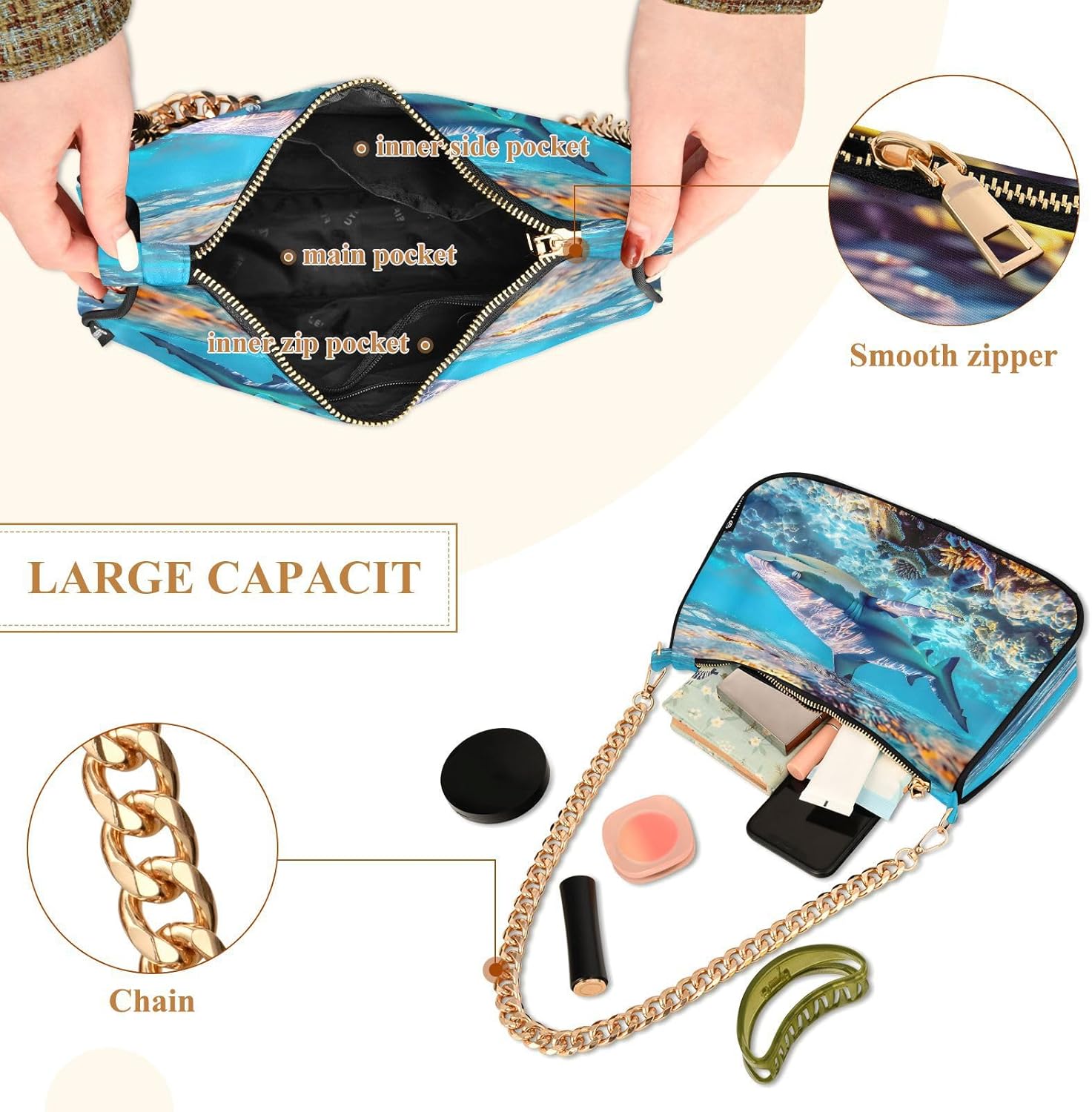 Shoulder Bags for Women Shark Hobo Tote Handbag Small Clutch Purse with Zipper Closure